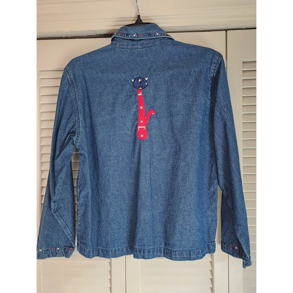 Vintage Life Style Petite PP Patriotic Cat Embroidered Denim Jacket USA Novelty - Picture 3 of 8